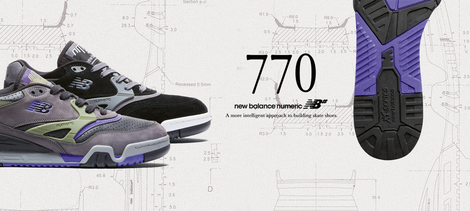 Banner für New Balance Numeric 770 Sneaker mit grauem Design und Farbakzenten, begleitet vom Slogan: „A more intelligent approach to building skate shoes.“