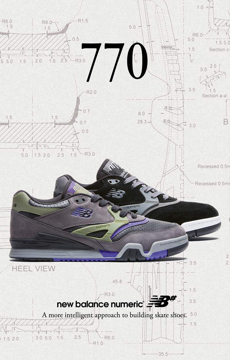 Banner für New Balance Numeric 770 Sneaker mit grauem Design und Farbakzenten, begleitet vom Slogan: „A more intelligent approach to building skate shoes.“